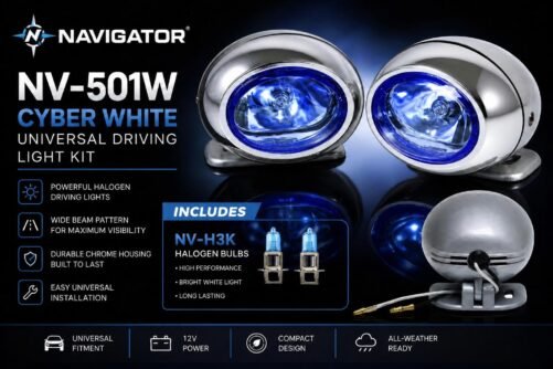 2 Navigator NV-501W Cyber White Universal Driving Light Kit Halogen NV-H3K Bulbs
