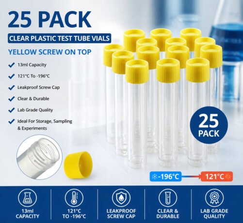 25 Clear Plastic Test Tube Vials Yellow Screw on Top 13ml 121°C To -196°C 2480TG