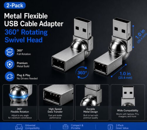 2 Metal Flexible USB Cable Adapter - 360 Rotating Swivel Head - Male to Female