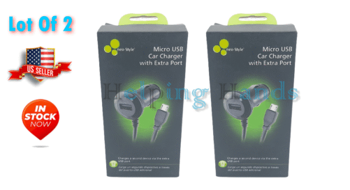 2 NEW Neo-Style Universal Micro USB Car Charger With Extra USB Port (5V - 2A)