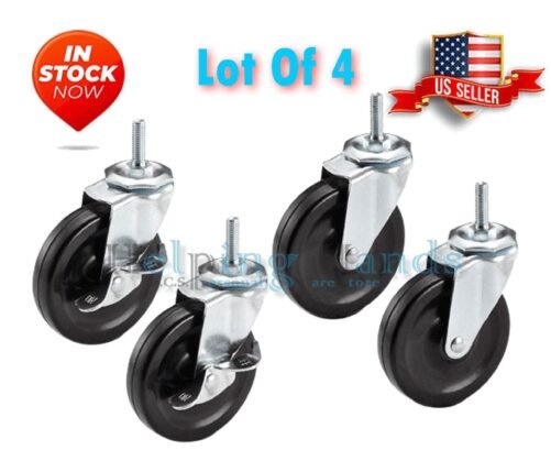4 Heavy Duty 800lb 3" Rubber Casters Wheels Wire Shelving Rack. (2 Locking) 3/8 GC GLPC3INWRWS