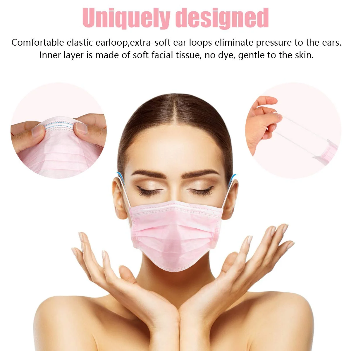 500 Pink Disposable Face Masks, 3-ply Breathable Masks, Elastic Ear Loop Mask - Image 2