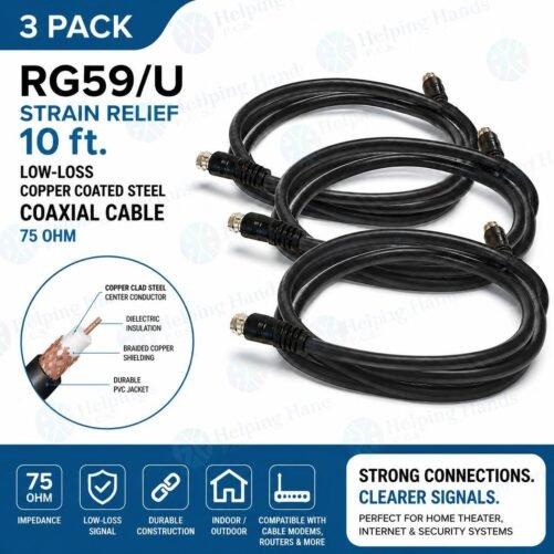 3 RG59/U Strain Relief 10 ft. Low-Loss Copper Coated Steel Coaxial Cable 75 Ohm