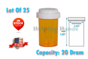 Lot Of 25 Prescription Vials & Reversible Caps (Child & Non-Child Locks) 20 Dram Unbranded 20 Dram Vials