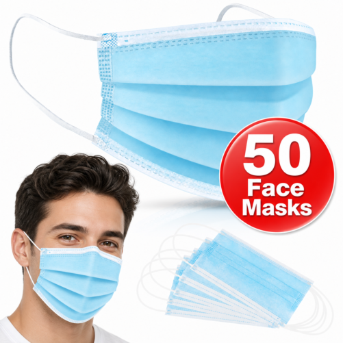 50 Disposable Face Masks, 3-ply Breathable Dust Protection Masks, Elastic Ear Loop Filter Mask
