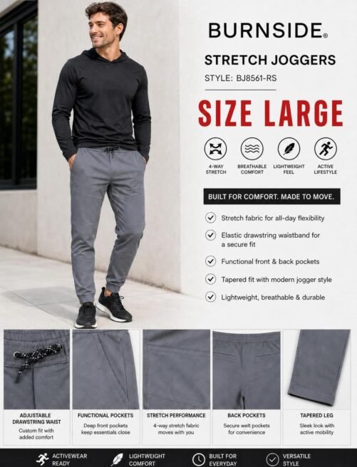 Burnside Men's Gray Slim Fit Stretch Twill Jogger Pant Activewear BJ8561 - L