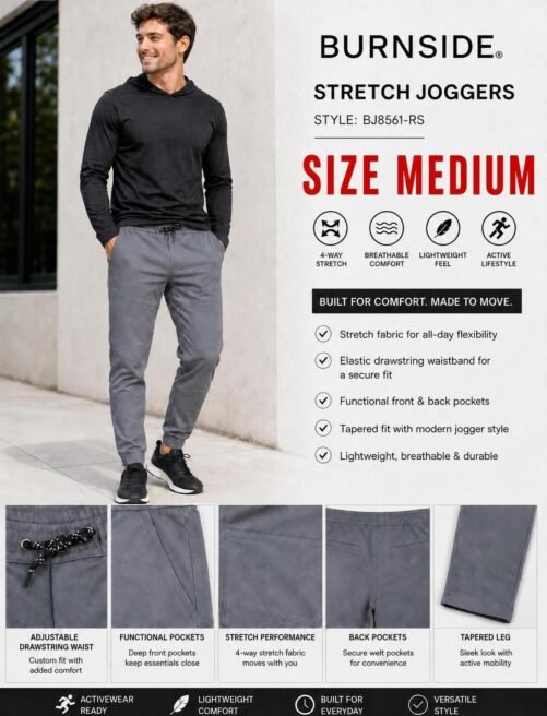 Burnside Men's Gray Slim Fit Stretch Twill Jogger Pant Activewear BJ8561 - M