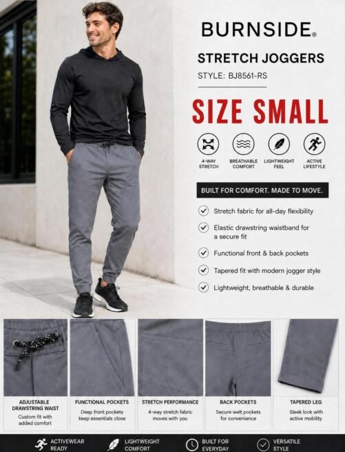 Burnside Men's Gray Slim Fit Stretch Twill Jogger Pant Activewear BJ8561 - S