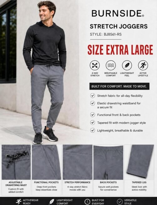 Burnside Men's Gray Slim Fit Stretch Twill Jogger Pant Activewear BJ8561 - XL