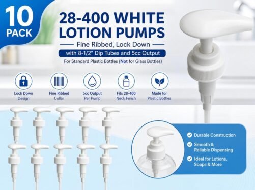 10 White 28-400 Lotion, Soap Pumps. Locking Dip Tubes Effortless Dispensing Head