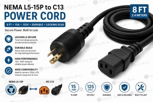 NEMA L5-15 P to C13 Power Cord 8 ft Durable Locking Plug 15 A 125 V