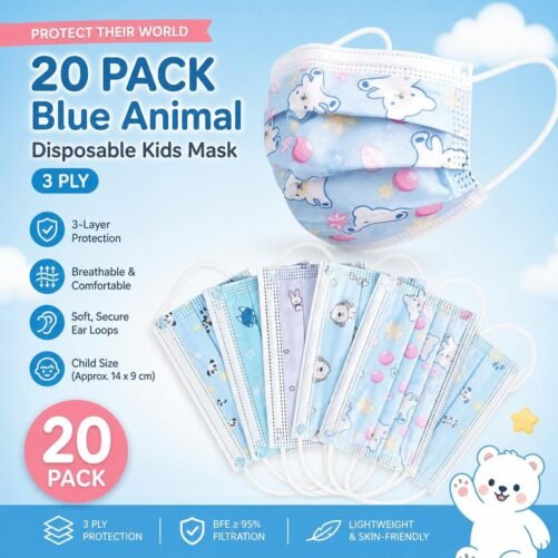 20 Comfortable 3-Ply Disposable Kids Child Size Masks with Fun Blue Animal Prints