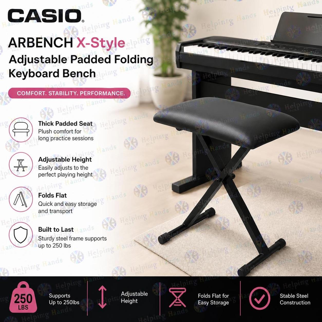 Casio ARBENCH X-Style Adjustable Padded Folding Keyboard Bench (Up To 250lbs)