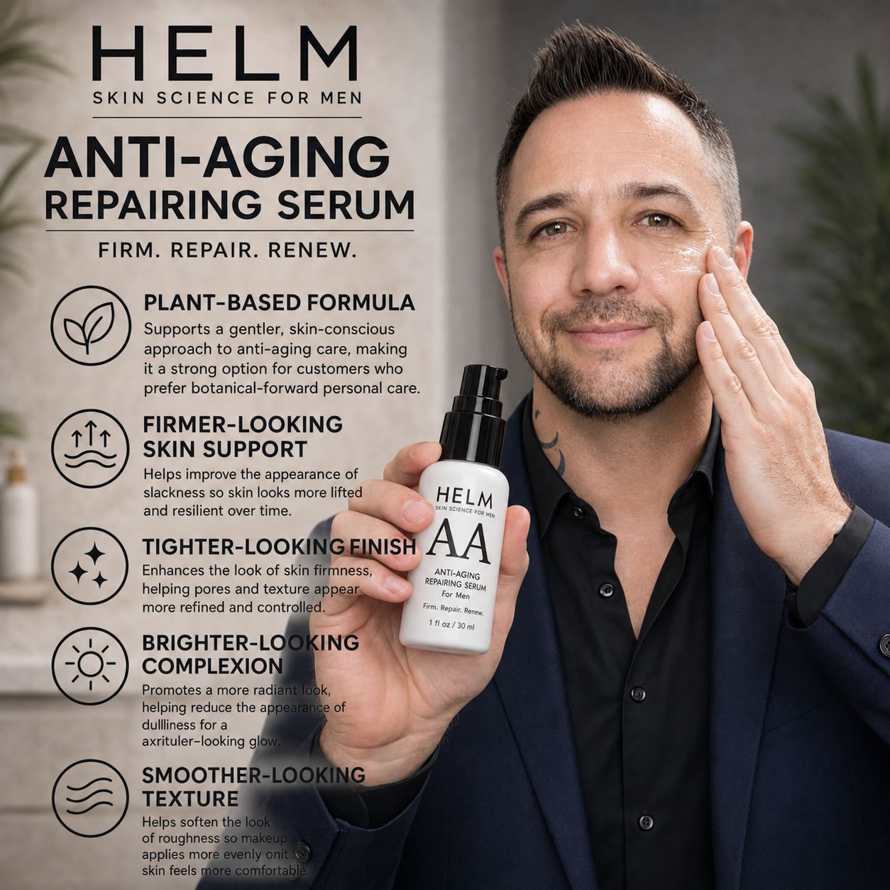 Helm Skin Science for Men Set Anti-Aging Serum, Eye Cream, Moisturizer, Cleanser - Image 8