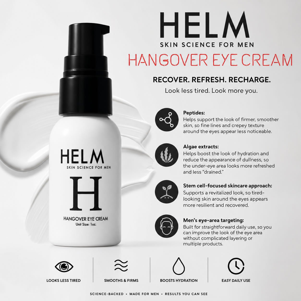 Hangover Eye Cream - Stem Cells Algae's & Peptides Helm Skin Science for Men 1oz - Image 2