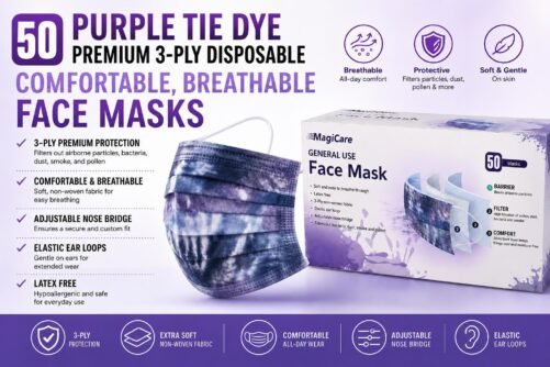 50 - Purple Tie Dye Premium 3-Ply Disposable, Comfortable, Breathable Face Masks
