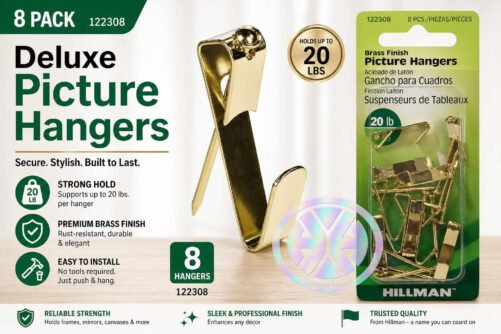 8 Hillman Heavy Duty 122308 Brass 20 lbs. Capacity Deluxe Picture Hanger Hooks