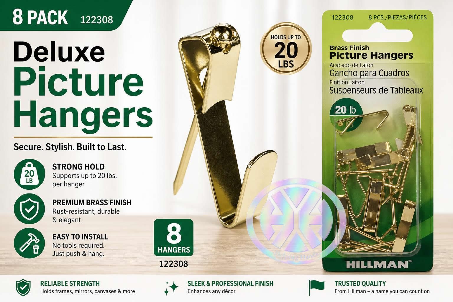 8 Hillman Heavy Duty 122308 Brass 20 lbs. Capacity Deluxe Picture Hanger Hooks