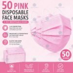50 Pink Disposable Face Masks, 3-ply Breathable Masks, Elastic Ear Loop Mask