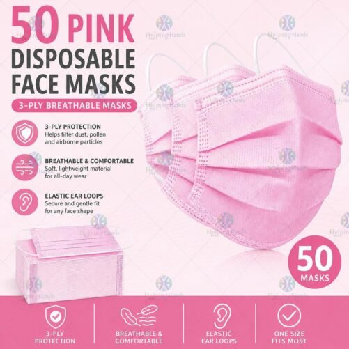 50 Pink Disposable Face Masks, 3-ply Breathable Masks, Elastic Ear Loop Mask