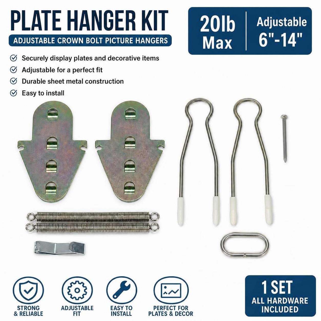 Crown Bolt Plate, Picture Hangers, 36894 Sheet Metal 20lb Max Adjustable 6"-14"