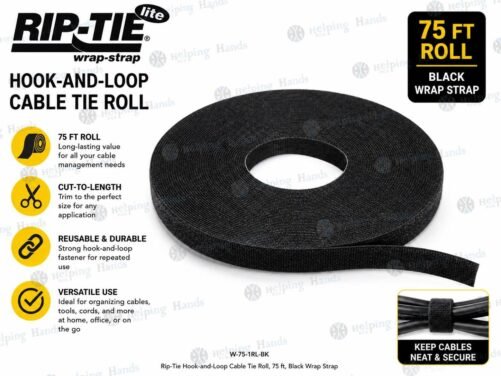 Rip-Tie Hook-and-Loop Cable Tie Roll, 75 ft, Black Wrap Strap W-75-1RL-BK