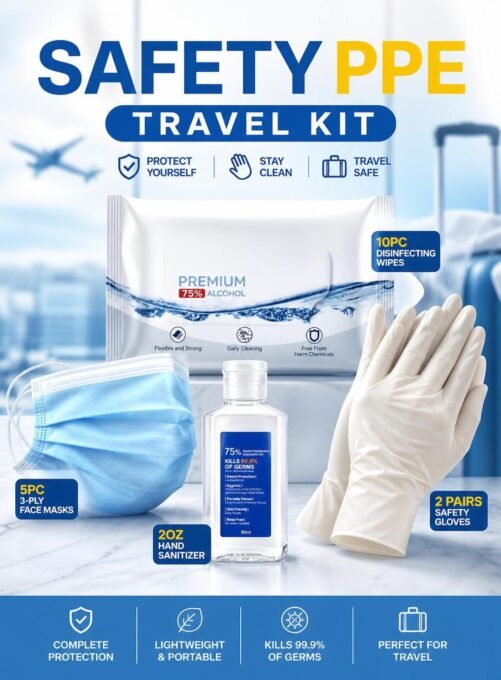 Safety PPE Travel Kit - Face Masks - Sanitizing Wipes - Hand sanitizer - Gloves
