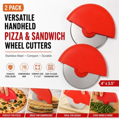 2 Versatile Handheld Pizza Sandwich Wheel Cutters Stainless-Steel Compact 4"x3.5"
