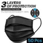 50 Black Disposable Face Masks, 3-ply Breathable Masks, Elastic Ear Loop Mask