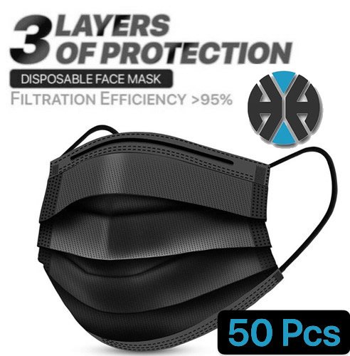 50 Black Disposable Face Masks, 3-ply Breathable Masks, Elastic Ear Loop Mask