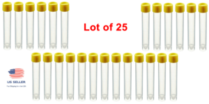25 Clear Plastic Test Tube Vials Yellow Screw on Top 13ml 121°C To -196°C 2480TG