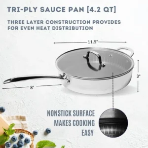 Lexi Home 4.2-Quart Diamond Tri-Ply Non-Stick Cooking Pan Stainless Steel Cookware - Image 6