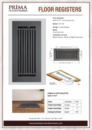 Prima Decorative Black 4" x 10" Cast Aluminum Floor Register Vent Cover - Image 3