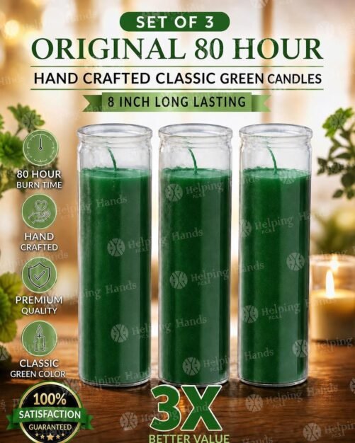 3 Original 80 Hour Hand Crafted Classic Green Candles Glass 8 Inch Long Lasting