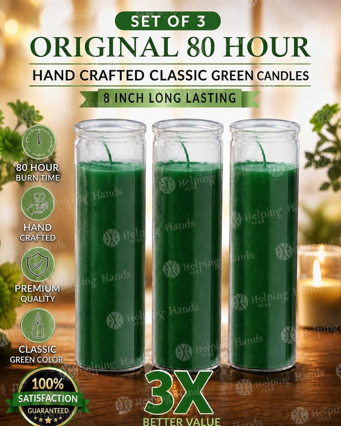 3 Original 80 Hour Hand Crafted Classic Green Candles Glass 8 Inch Long Lasting