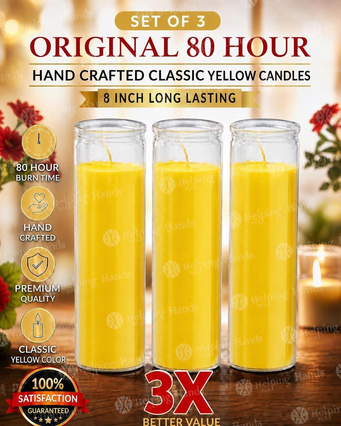 3 Original 80 Hour Hand Crafted Classic Yellow Candles Glass 8 Inch Long Lasting