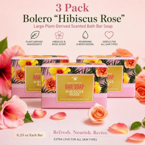 3 Pack Bolero “Hibiscus Rose” Large Plant-Derived Scented Bath Bar Soap 6.25 oz