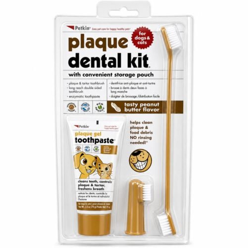 Petkin Plaque Dental Kit - Dogs And Cats - No Rinsing Required - Peanut Butter