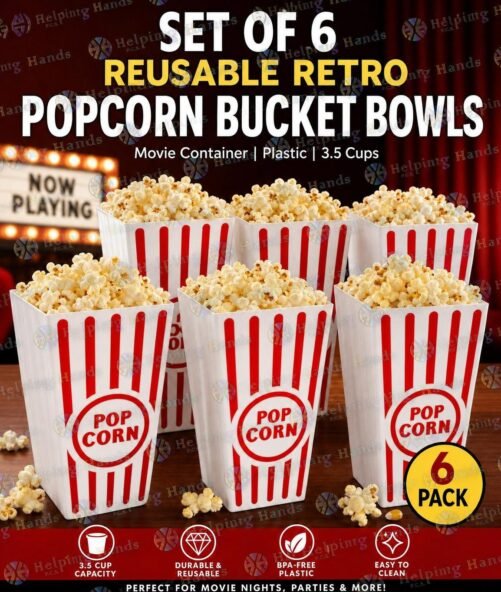 Set of 6 Reusable Retro Popcorn Bucket Bowls Movie Container Plastic 3.5 Cups