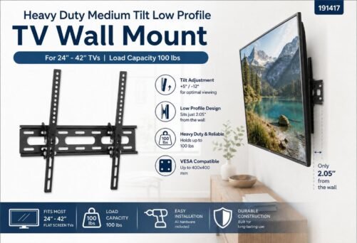Heavy Duty Medium Tilt Low Profile TV Wall Mount For 24"- 42" Load Of 100 lbs  - 191417