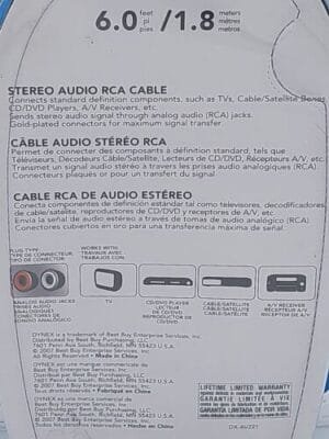 NEW - Dynex DX-AV221 Premium RCA Stereo Audio Cable Left Right Gold Plated 6ft - Image 5