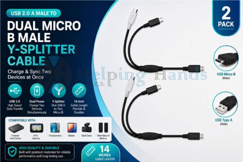 2 Micro USB Male - 2-in-1 Micro USB Y Splitter Cable - Charging, Data Sync Cable