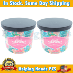 2 NEW Mainstays Bright Hibiscus Mango Scented 3-Wick Glass Jar Candles 14oz Each