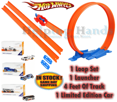 NEW Hot Wheels Bundle - 1 Loop Builders Set, 4' Feet Of Track, 1 Launcher, 1 Car