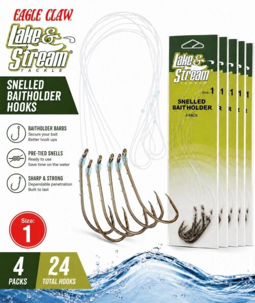 4 Packs Of 6 Eagle Claw Lake & Stream Snelled Baitholder Hooks Size 1 - 24 Total