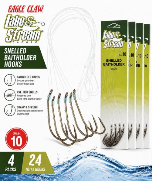 4 Packs Of 6 Eagle Claw Lake & Stream Snelled Baitholder Hooks Size 10. 24 Total