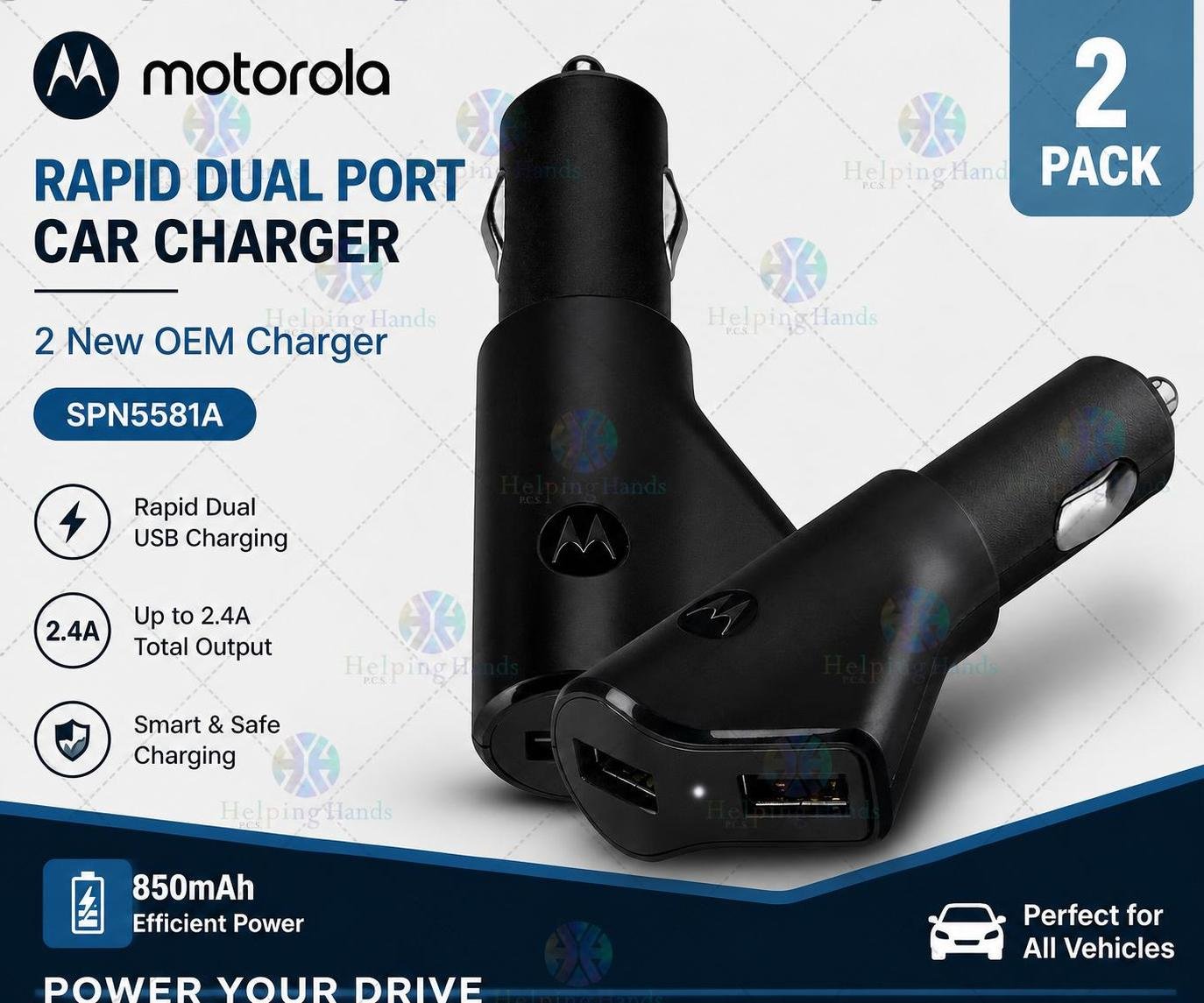 2 New OEM Motorola Rapid Dual Port Car Vehicle USB Charger Adapters 850mAh