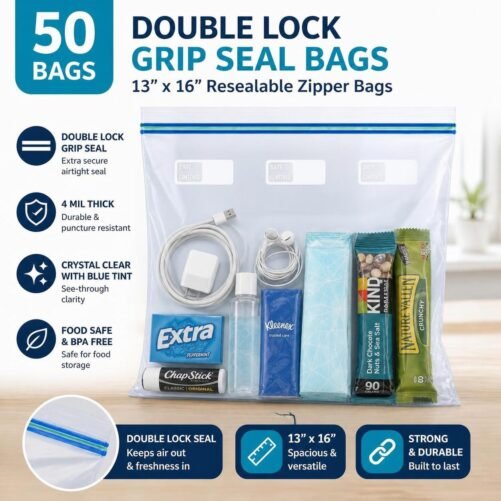50 Double Lock Grip Seal Bags 13x16 Clear Poly Plastic Resealable Zipper Baggies