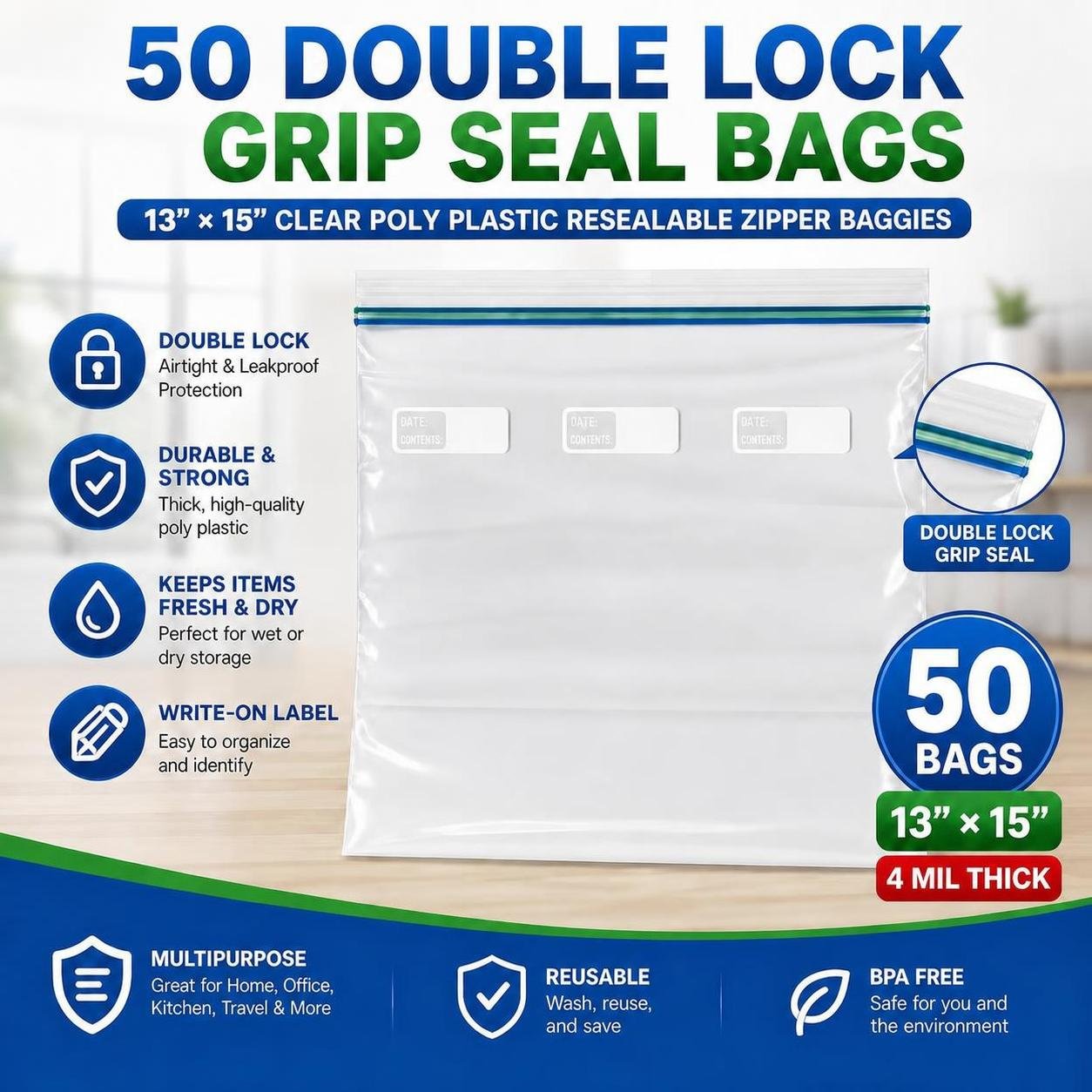 50 Double Lock Grip Seal Bags 13x15 Clear Poly Plastic Resealable Zipper Baggies