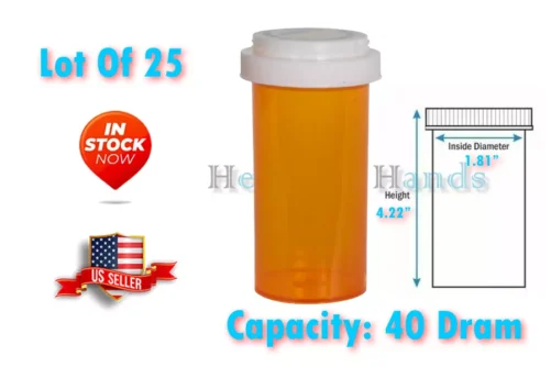 Lot Of 25 Prescription Vials & Reversible Caps (Child & Non-Child Locks) 40 Dram